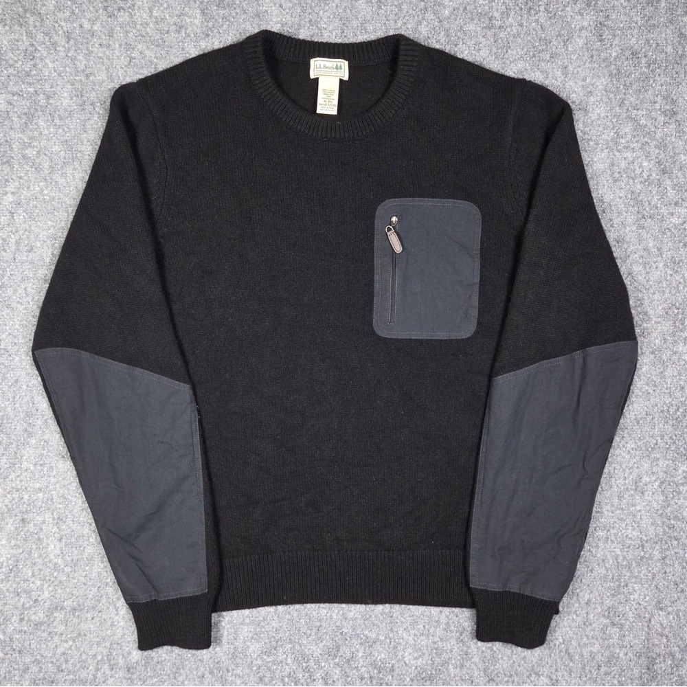 L.L. Bean Sweater Mens XL Black Merino Lambswool Elbow Patch Zip Pocket 510386